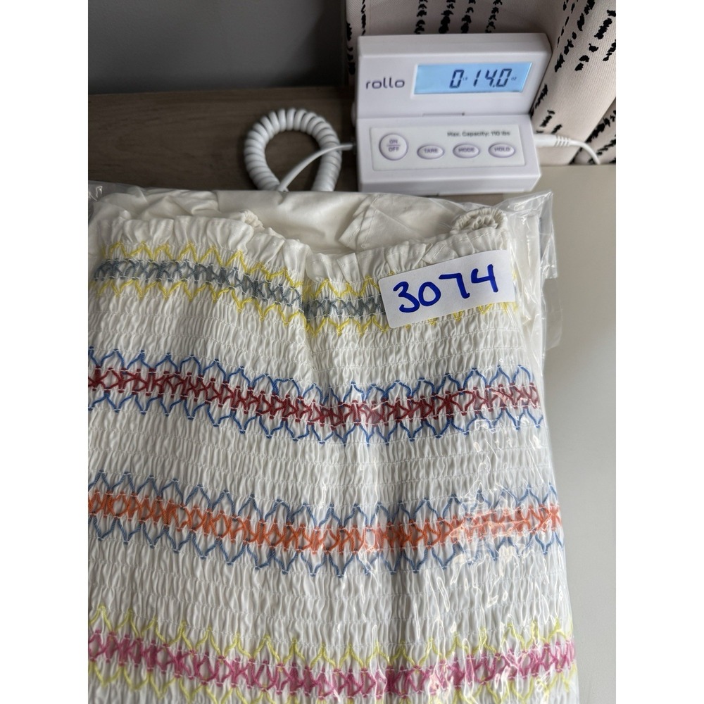 White Smocked Milkmaid Dress Sz S Cottagecore Puff Sleeve Rainbow Stitch Maxi - Picture 9 of 9